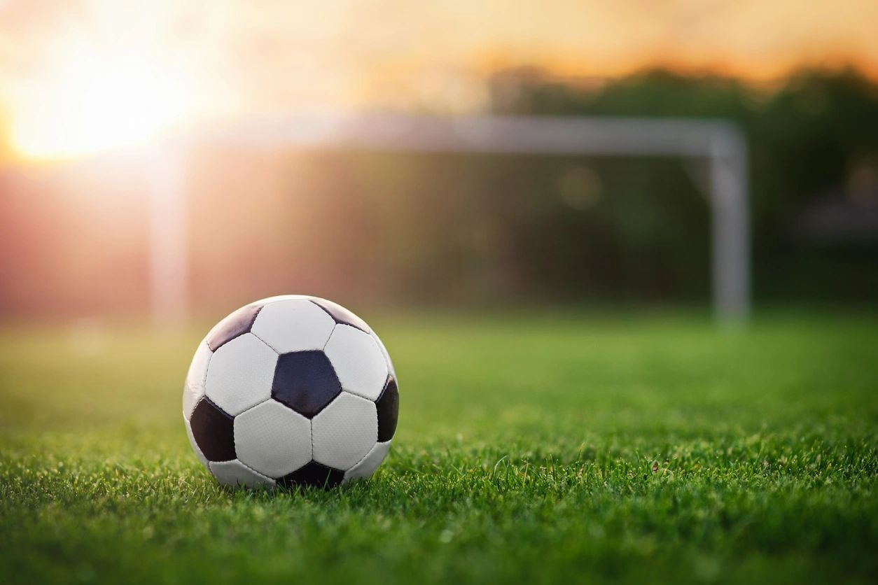 A soccer ball in the grass with a goal net.